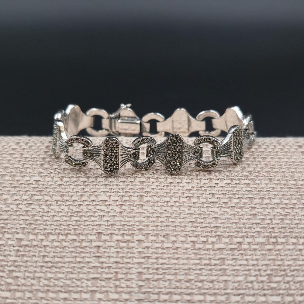 7 Inch Sterling Silver Art Deco Marcasite Stone Heavy Bracelet B1013